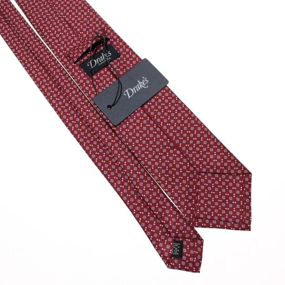 Drake's NWT Neck Tie in Red w/ Light Blue & White Geometric Pattern 100% Silk